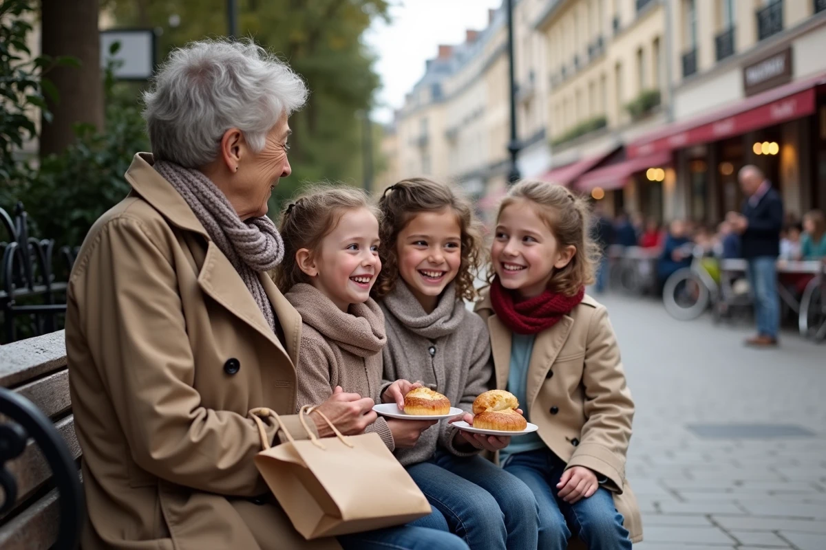 Enfants partageant des pâtisseries avec leur grand-mère à Paris