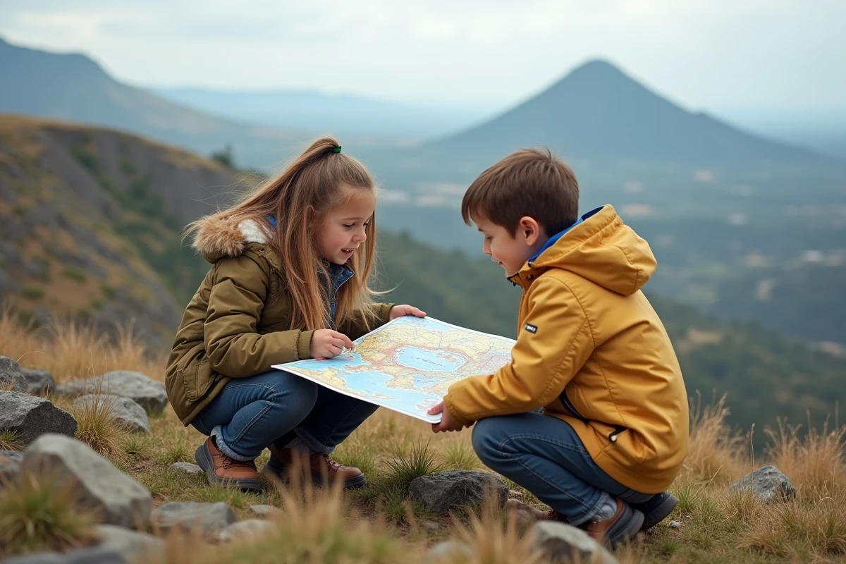 Deux enfants comparant une carte des volcans d'Italie avec un vrai paysage volcanique en plein air