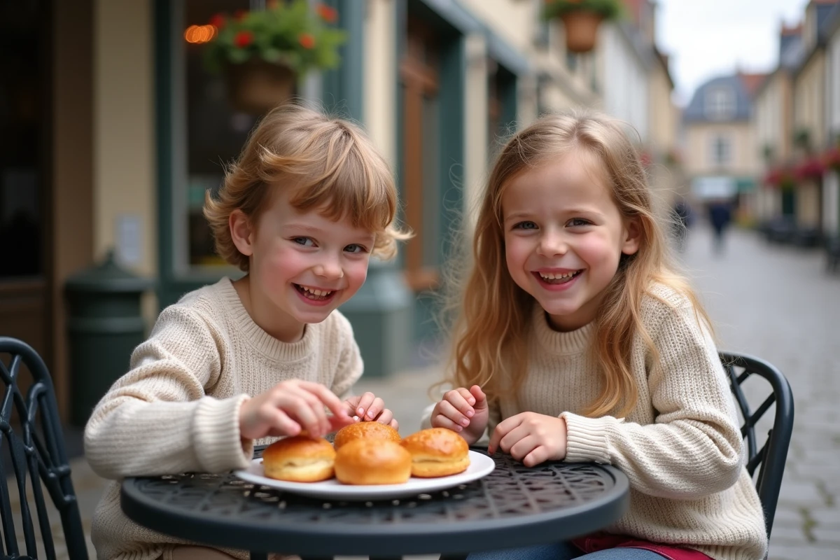Enfants partageant des pâtisseries à Honfleur