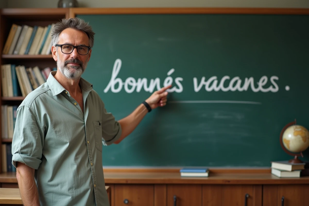 Enseignant devant un tableau noir avec l'expression bonnes vacances écrite à la craie, illustrant une leçon de grammaire française