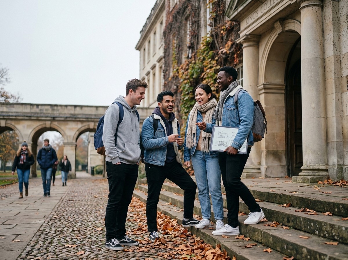 Groupe d'étudiants internationaux en séjour linguistique devant un bâtiment universitaire britannique en automne