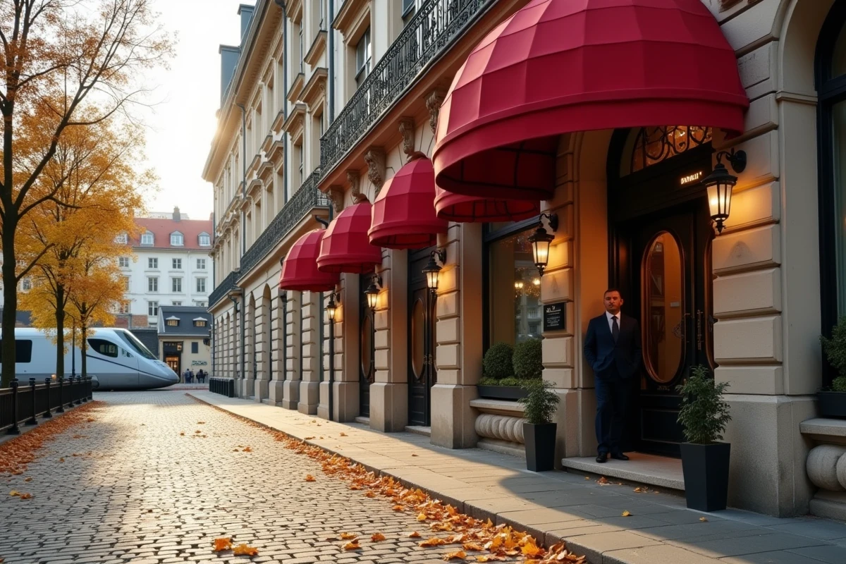 Façade extérieure d'un hôtel 5 étoiles à Strasbourg proche de la gare avec portier en uniforme et pavés en automne