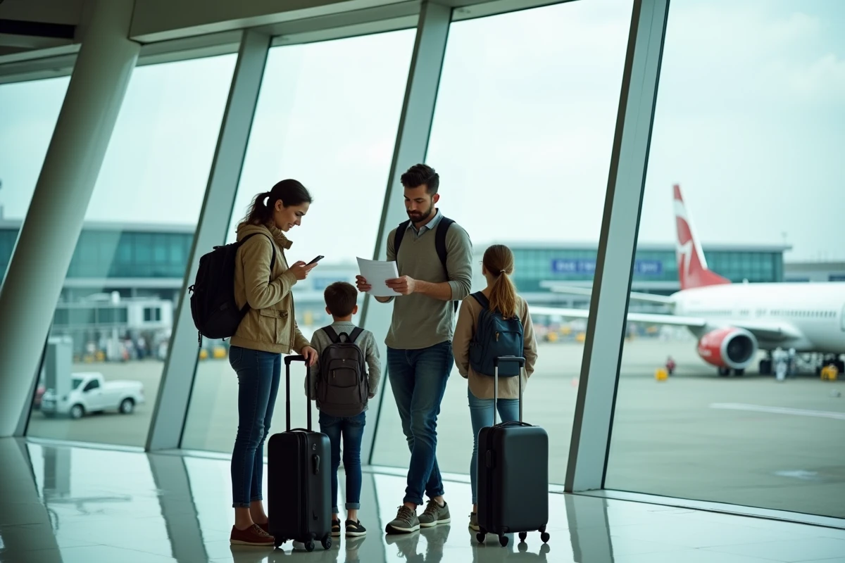 Famille avec bagages dans le hall de départ d'un aéroport moderne avant un vol pour la République Dominicaine