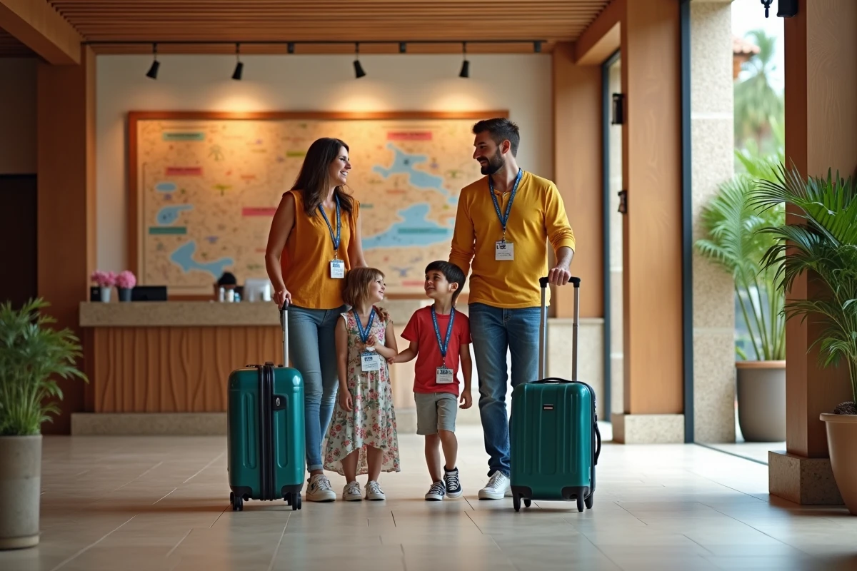 Famille avec valises faisant leur check-in dans un hôtel moderne proche du Parc Espagne Aventura