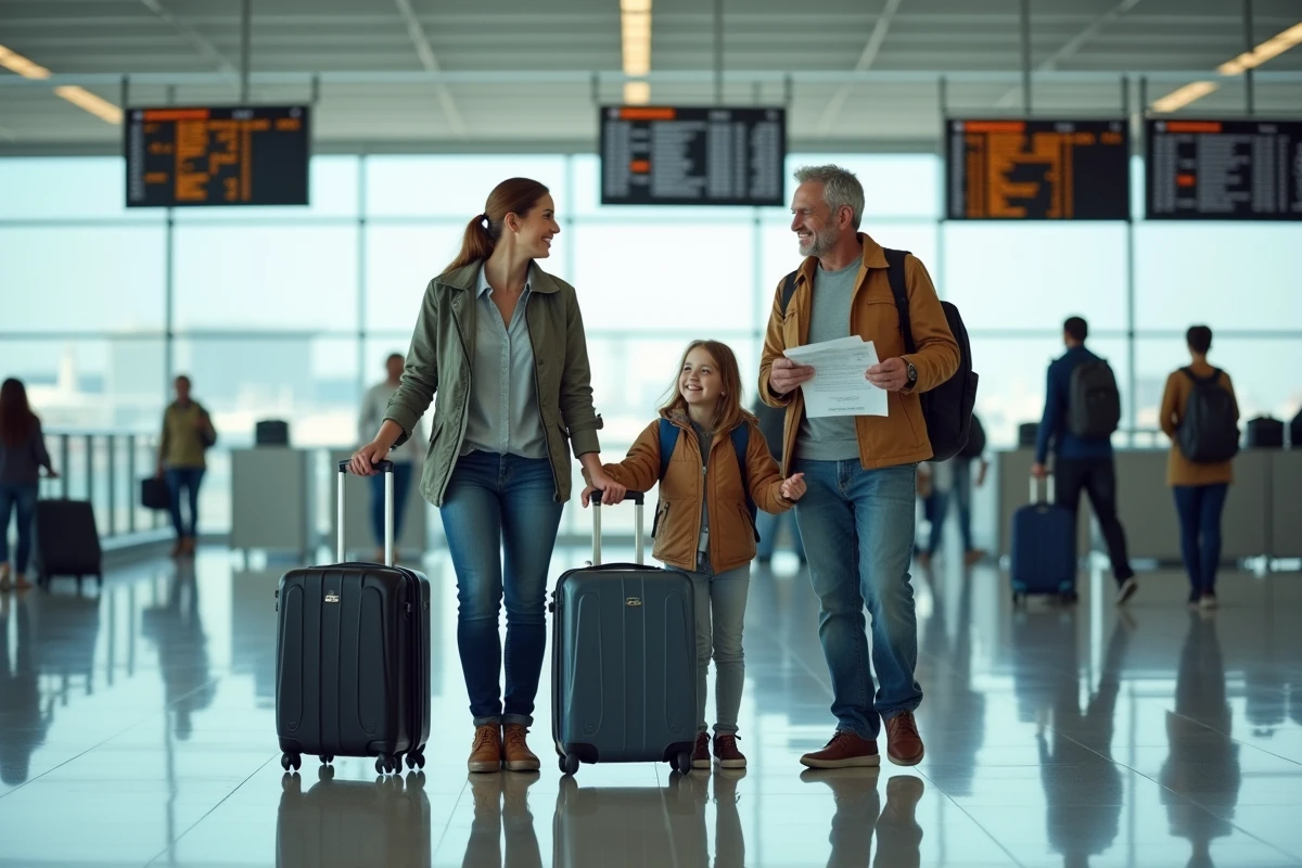 Famille à l'aéroport prête à partir en vacances all inclusive réservées via E. Leclerc Voyage