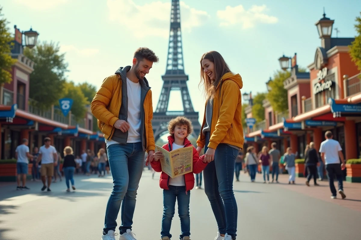 Jeune famille devant l'entrée de Disney Studios avec la tour Earffel