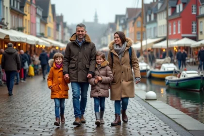 Famille souriante à Honfleur au bord du Vieux Bassin