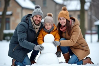 Famille souriante construisant un bonhomme de neige en hiver
