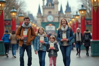 Famille de quatre devant un parc d'attractions parisien
