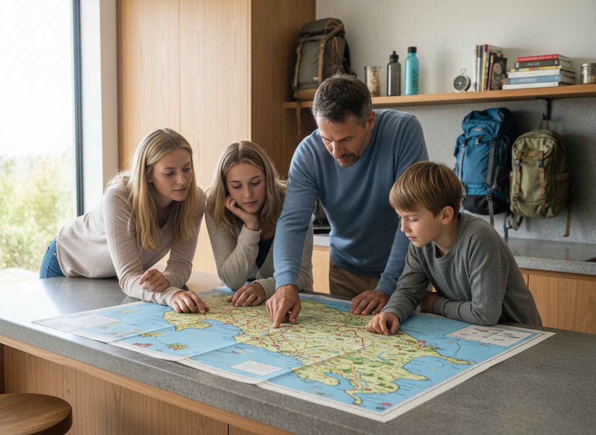 Famille discutant itinéraire sur carte de Costa Rica