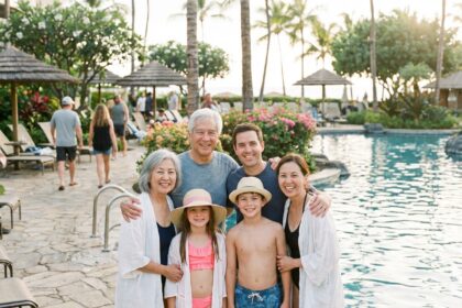 Famille multigenerational souriante au bord de la piscine