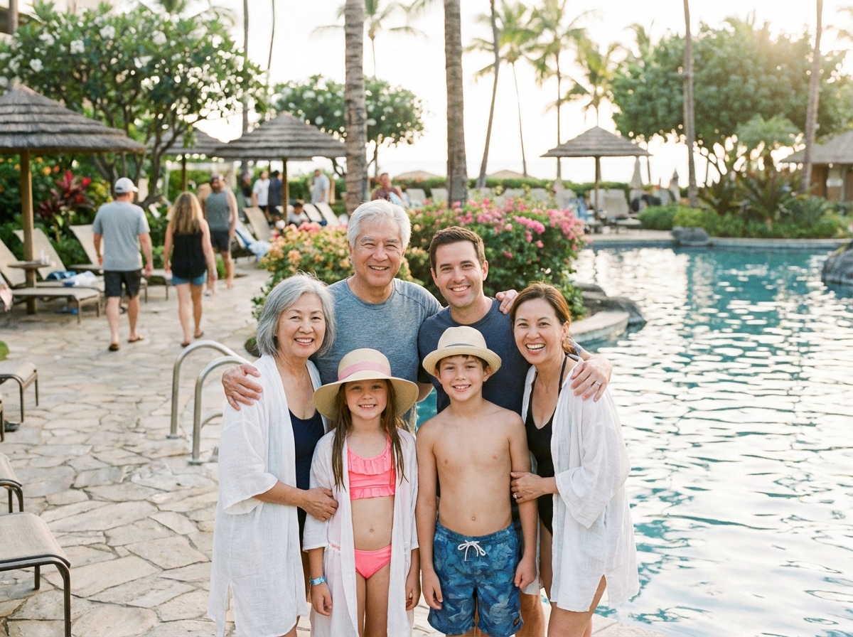 Famille multigenerational souriante au bord de la piscine