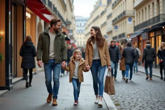 Famille marchant main dans la main rue Sainte Honoré Paris