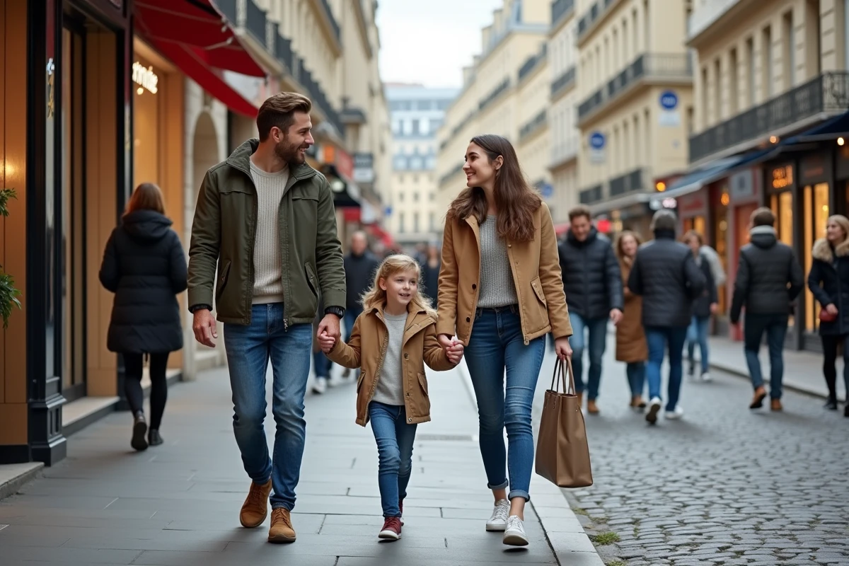 Famille marchant main dans la main rue Sainte Honoré Paris