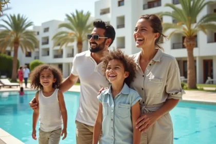 Famille heureuse au bord de la piscine en vacances en Mediteranee