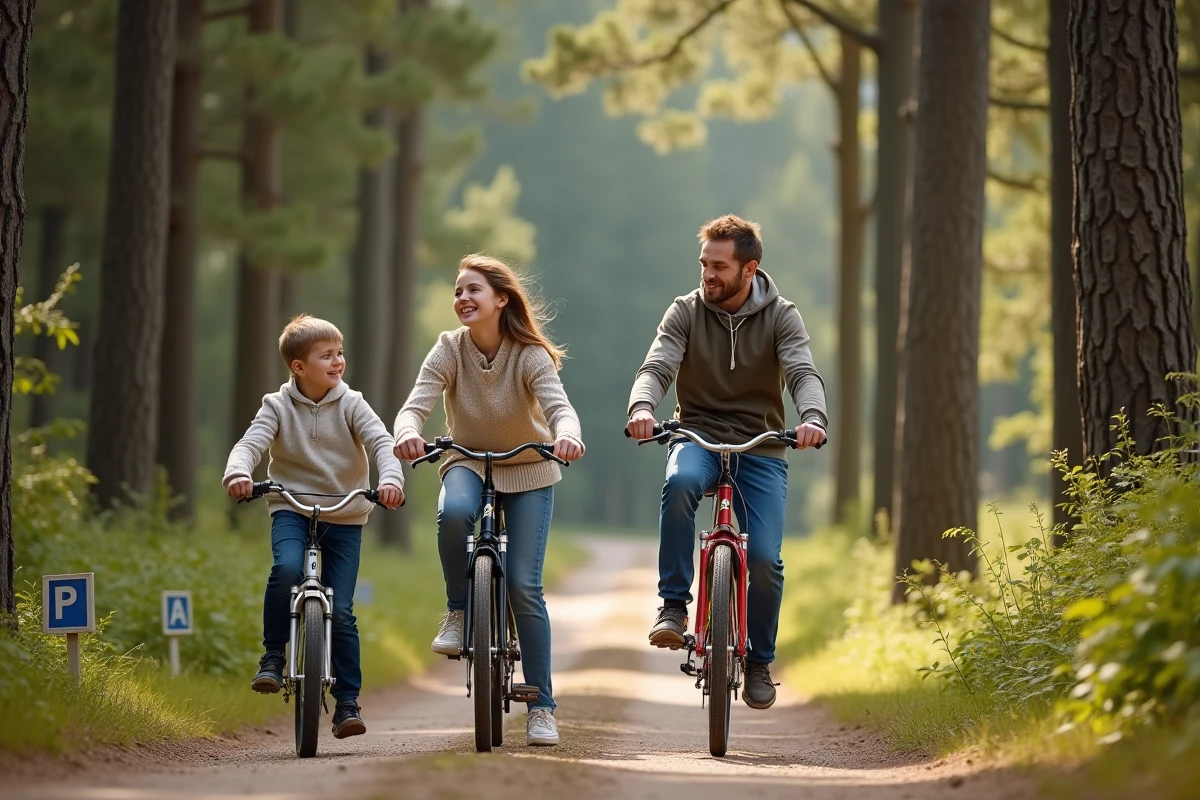 Famille à vélo dans une forêt de Finistère