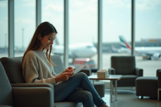 Jeune femme dans un salon d'aéroport souriante