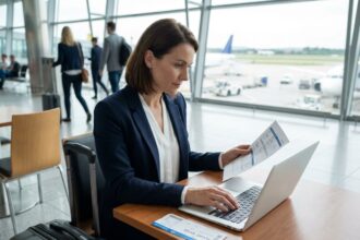 Femme d'affaires organisant son voyage professionnel dans un salon d'aéroport avec ordinateur portable et itinéraire