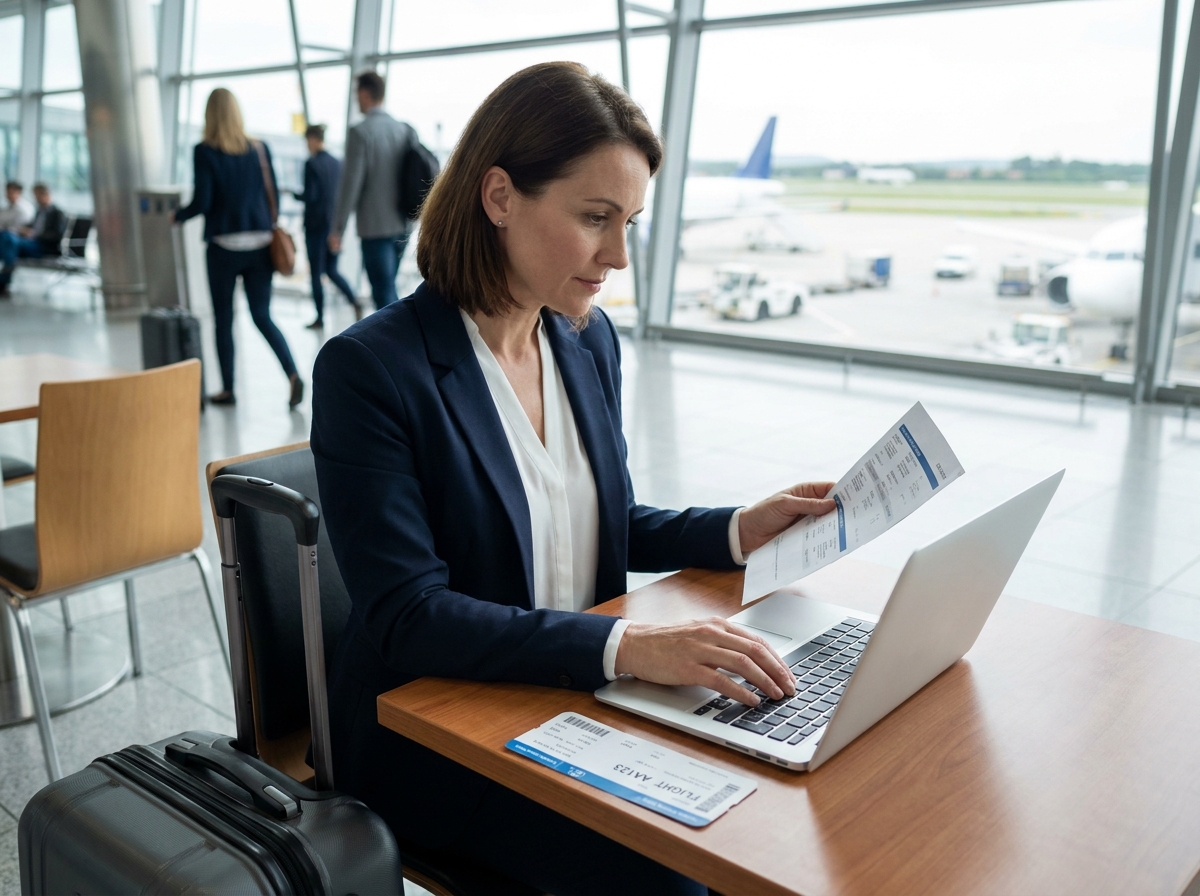 Femme d'affaires organisant son voyage professionnel dans un salon d'aéroport avec ordinateur portable et itinéraire