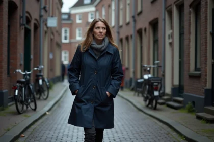 Femme marchant dans une rue pavée d'Amsterdam