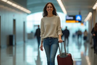 Femme souriante arrivant à Gatwick dans terminal animé