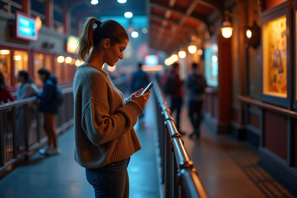 Femme seule vérifiant son téléphone dans une file d