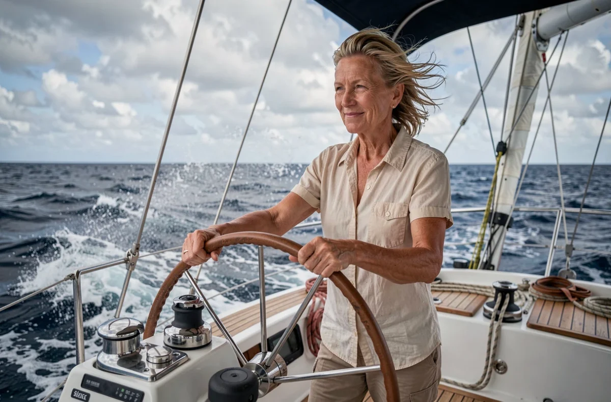 Femme tenant la barre d'un voilier charter dans les Caraïbes lors d'une croisière en petit bateau