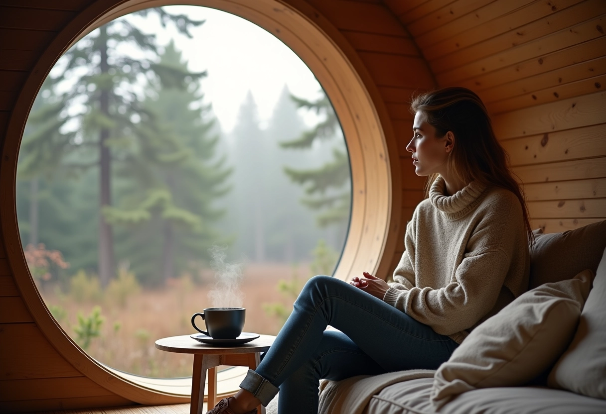Femme seule dans une cabane en bois regardant la forêt matinale
