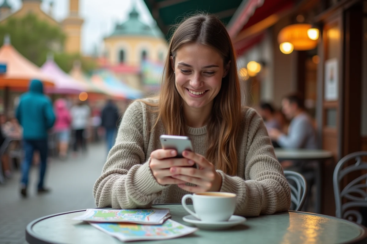 Jeune femme au café dans le parc avec smartphone et plan
