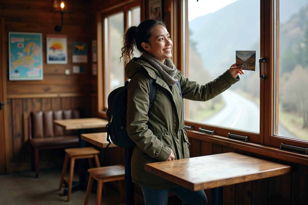 Jeune femme dans un café regardant la route touristique