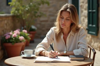 Femme écrivant une carte postale de vacances à la terrasse d'un café, avec un dictionnaire français posé sur la table