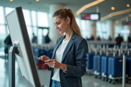 Femme en blazer à l'aéroport utilisant un kiosque self checkin