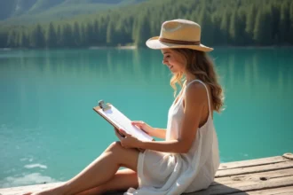 Femme en vacances consultant une liste de voyage sur un ponton en bois au bord d'un lac de montagne