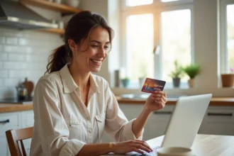 Femme consultant un site de voyage Leclerc avec un chèque cadeau à la main dans une cuisine moderne