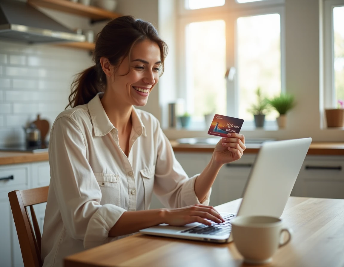 Femme consultant un site de voyage Leclerc avec un chèque cadeau à la main dans une cuisine moderne