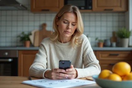 Femme d'âge moyen dans une cuisine moderne regardant son smartphone