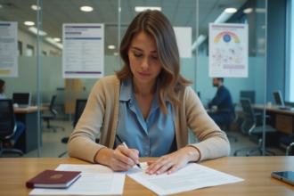 Femme remplissant un formulaire de passeport dans une mairie