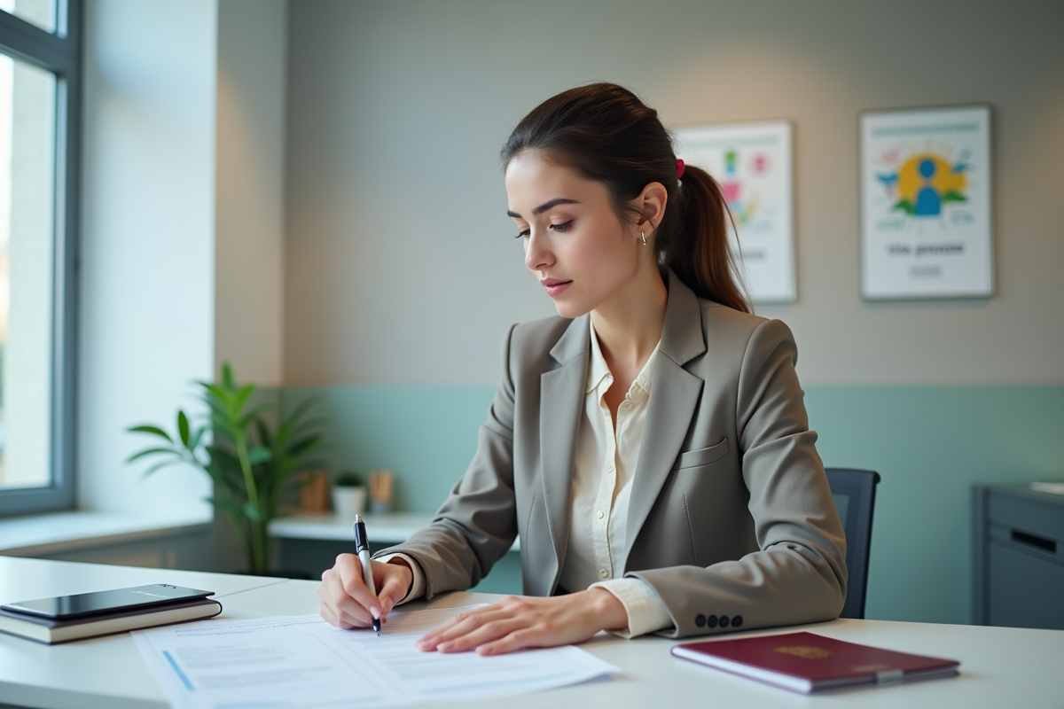 Jeune femme remplissant un formulaire de visa dans un bureau moderne