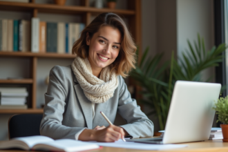 Jeune femme remplissant un formulaire de visa à son bureau