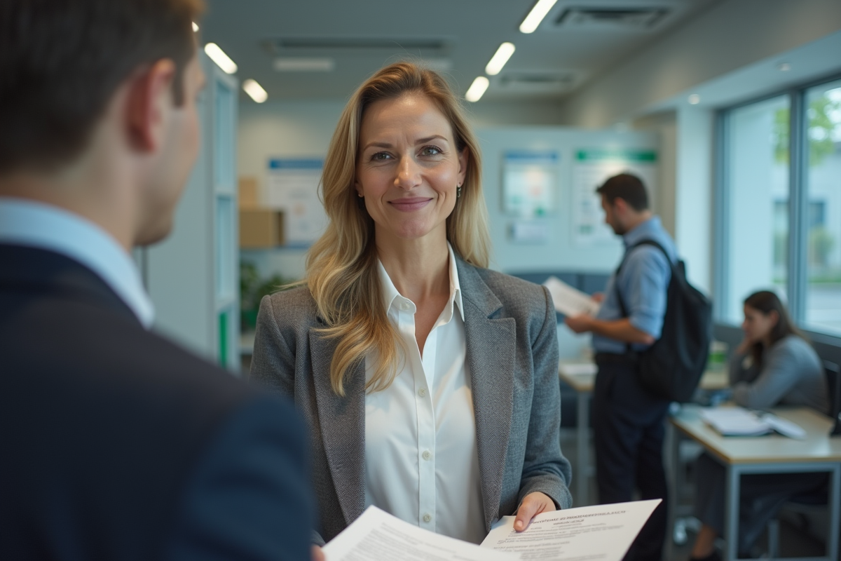Femme remettant dossier à un agent dans un bureau administratif
