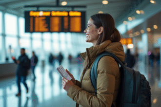 Jeune femme souriante vérifiant son embarquement à l'aéroport