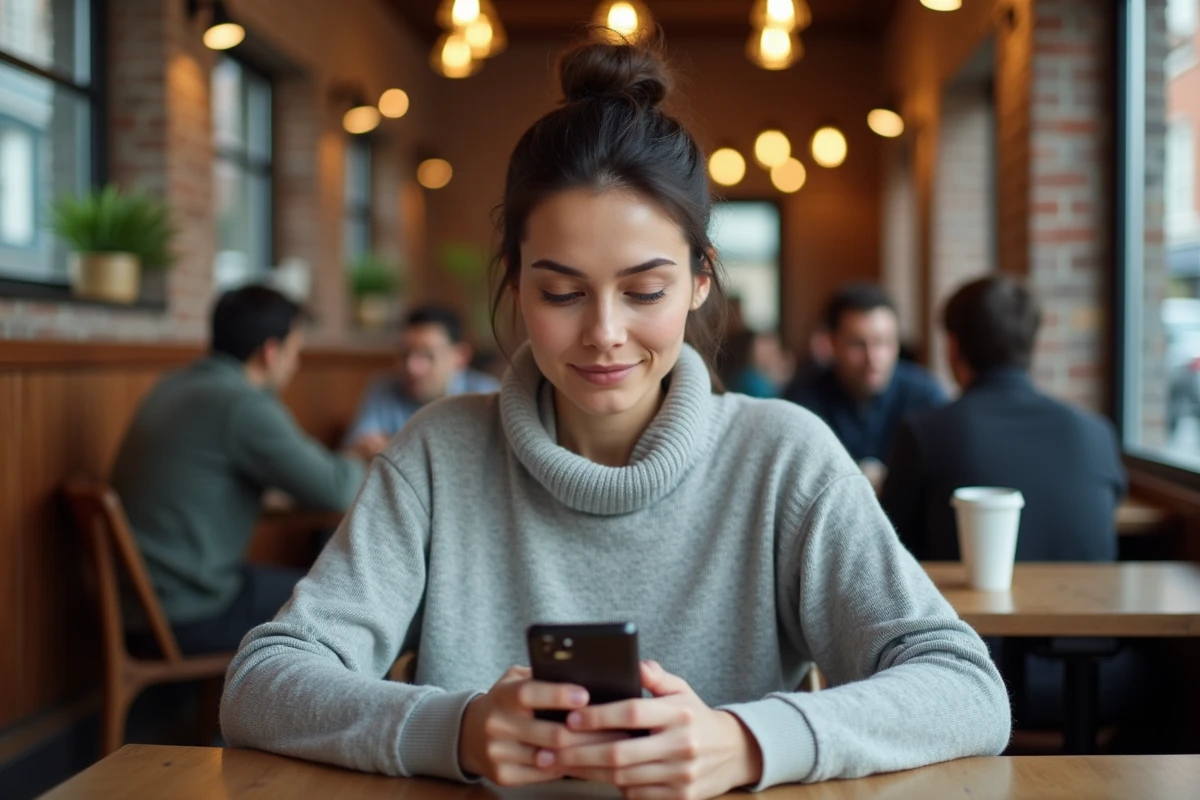 Femme consultant un itinéraire hors connexion sur smartphone dans un café urbain