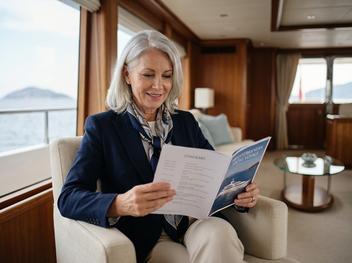 Femme élégante lisant un itinéraire dans un salon yacht