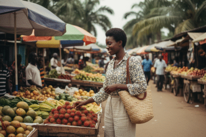 Femme africaine souriante dans un marché coloré