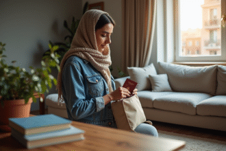 Femme marocaine range son passeport dans un sac de voyage