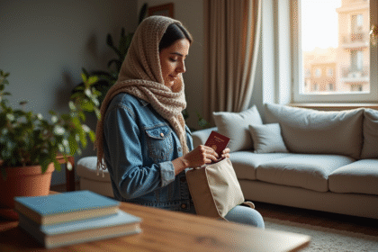 Femme marocaine range son passeport dans un sac de voyage