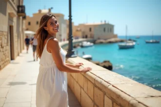 Femme souriante regardant la mer à Saint Pawl ilBahar