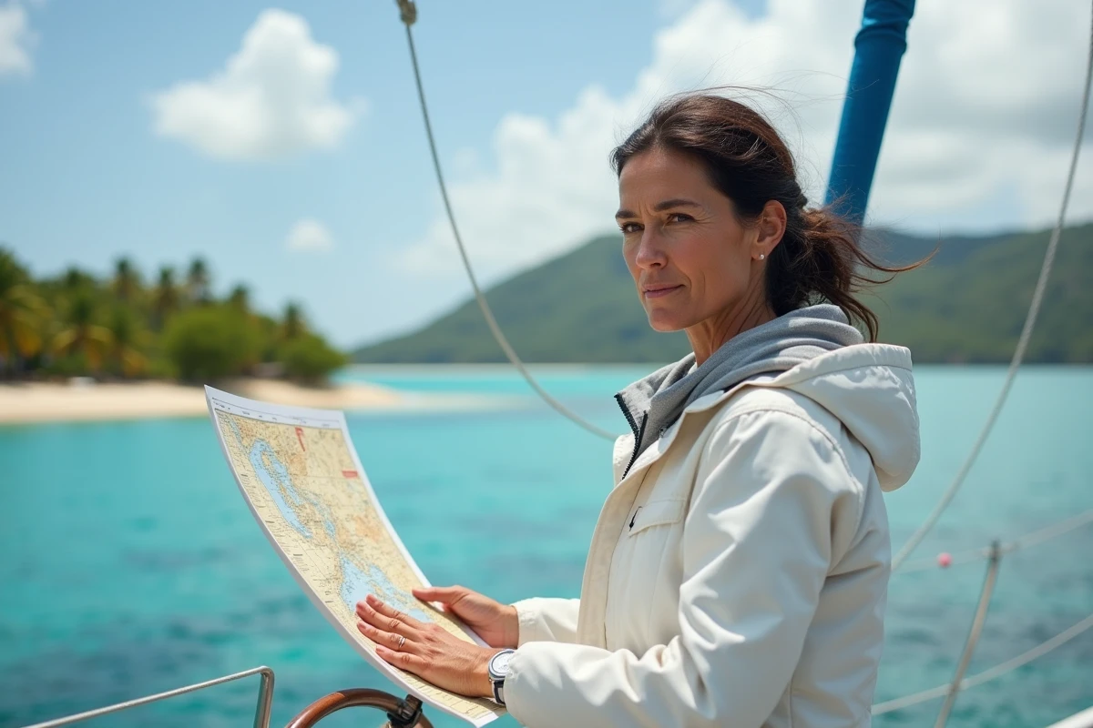 Femme navigatrice analysant une carte des Caraïbes sur le pont d'un catamaran tropical