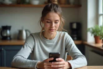 Femme hésitante regardant un numéro inconnu commençant par 39 sur son smartphone dans une cuisine moderne