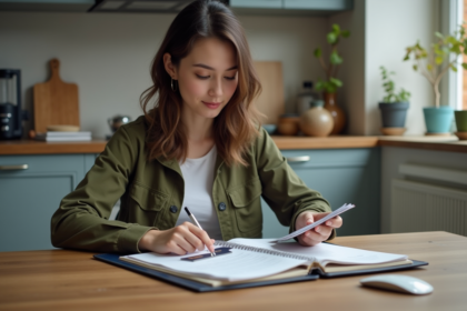 Jeune femme prépare ses documents de voyage dans la cuisine